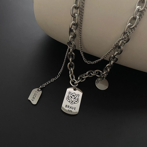 Collana Con Pendente Testa Di Tigre Doppio Strato Acciaio Inossidabile Brave Lucky Inciso Hip Hop Streetwear Gioielli