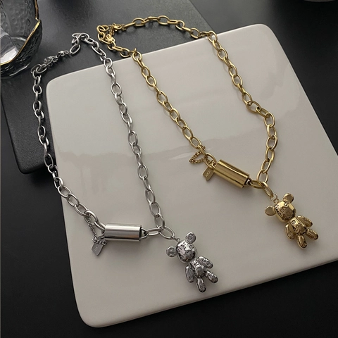 Collana Con Ciondolo Orso Acciaio Inossidabile Catena Grossa 3D Animale Inciso Punk Hip Hop Gioielli