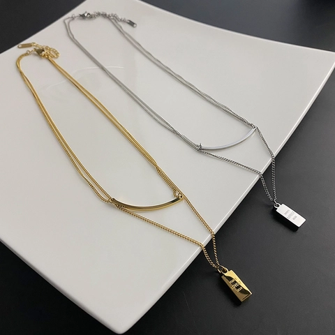 Collana Doppio Strato In Acciaio Inossidabile Donna Minimalista Elegante Ciondolo Rettangolare Lettere Barra Ad Arco Gioielli