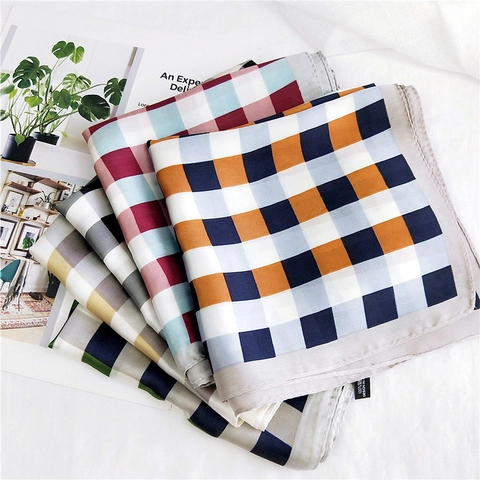 Square Scarf Satin Polyester Satin Like Grid Pattern Elegant Professional Neck Scarf Hair Wrap Women