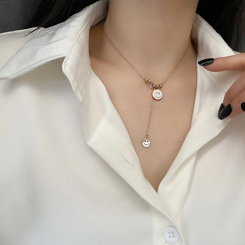 Smiley Face Pendant Necklace Titanium Steel Y-Shaped Lariat Double Charm Enamel Cubic Zirconia Ins Chic Women