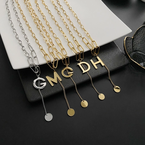 Ketting Met Initiaal Hanger Titanium Roestvrij Staal Paperclip Ketting Ronde Schijf Y-Ketting Voor Vrouwen