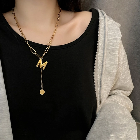 Ketting Met Initiaal Hanger Titanium Roestvrij Staal Paperclip Ketting Ronde Schijf Y-Ketting Voor Vrouwen