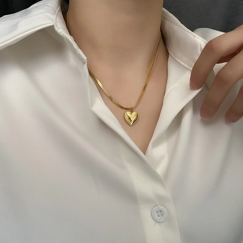 Heart Pendant Necklace 18K Gold Plated Titanium Steel Engraved Love You More Herringbone Chain Women Minimalist Jewelry