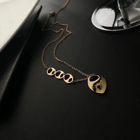 Collana Pendente Lucchetto Cuore Acciaio Inossidabile Placcato Oro Lucky Inciso Catena Naso Di Maiale Gioielli Vintage Donne