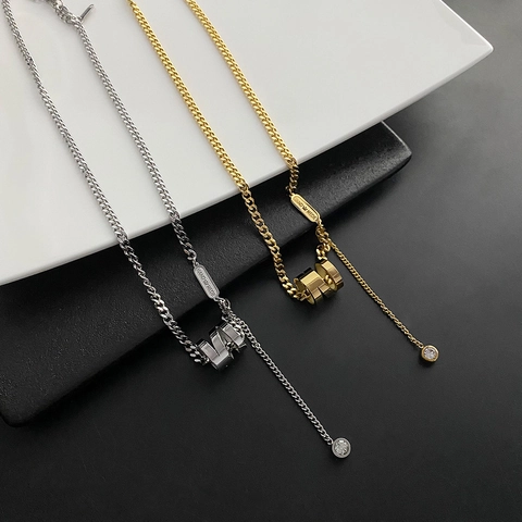 Minimalistische Cilinder Hanger Ketting Titanium Staal Zirkoon Decoratieve Geometrische Sieraden Voor Dames Mode Accessoire