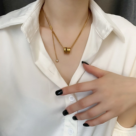 Minimalistische Cilinder Hanger Ketting Titanium Staal Zirkoon Decoratieve Geometrische Sieraden Voor Dames Mode Accessoire