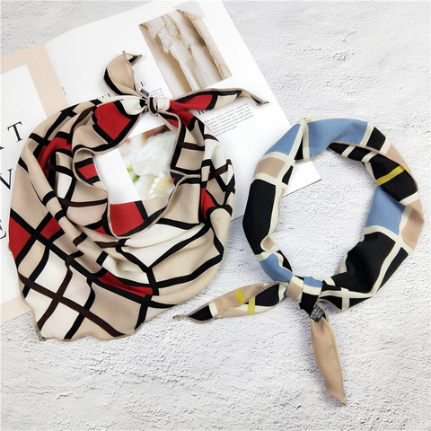 Women Korean Fashion Satin Printed Bandana Triangle Scarf Vintage Paisley Plaid Headscarf Silk-like Decorative Hair Neck Tie