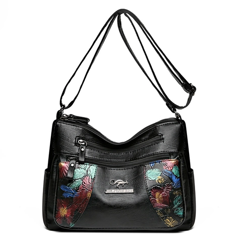 Borsa A Tracolla Donna Morbida Pelle PU Zip Multiple Stampa Floreale Vintage Elegante Borsa A Mano