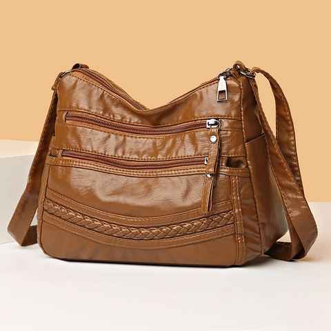 Bolso Bandolera de Cuero PU Suave Vintage para Mujer Bolso de Hombro con Varios Bolsillos y Decoración Tejida Diario