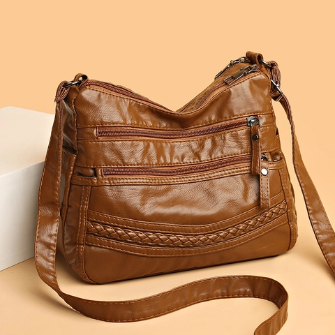 Bolso Bandolera de Cuero PU Suave Vintage para Mujer Bolso de Hombro con Varios Bolsillos y Decoración Tejida Diario