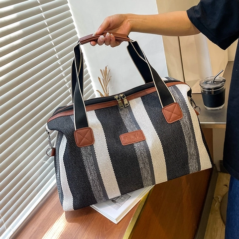 Dames Grote Capaciteit Canvas Shopper Mode Verticale Strepen Reistas Leren Handvat Afneembare Schouderband Casual Tas