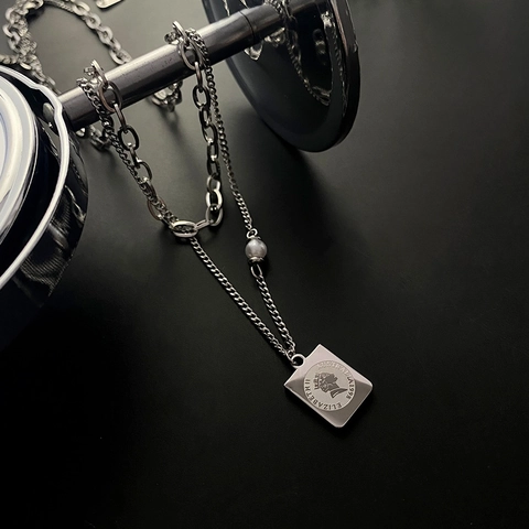 Double Layer Stainless Steel Necklace Rectangular Portrait Coin Pendant Faux Artificial Pearl Vintage Layered Chain For Women