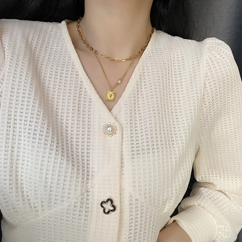 Double Layer Stainless Steel Necklace Rectangular Portrait Coin Pendant Faux Artificial Pearl Vintage Layered Chain For Women