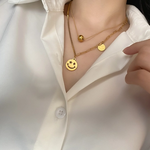 Collana Doppio Strato Ciondolo Faccina Sorridente Stella Acciaio Inossidabile Gioielli Moda Donna