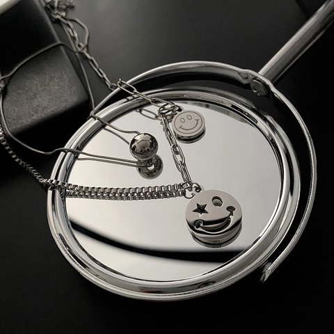 Collana Doppio Strato Ciondolo Faccina Sorridente Stella Acciaio Inossidabile Gioielli Moda Donna