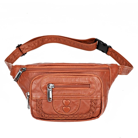 Sac Banane En Cuir PU Rétro Multi-poches Sac Bandoulière Sac De Poitrine Décor Coeur Détail Tressé Sangle Réglable Pour Femmes