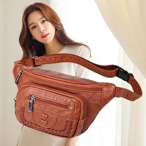 Sac Banane En Cuir PU Rétro Multi-poches Sac Bandoulière Sac De Poitrine Décor Coeur Détail Tressé Sangle Réglable Pour Femmes