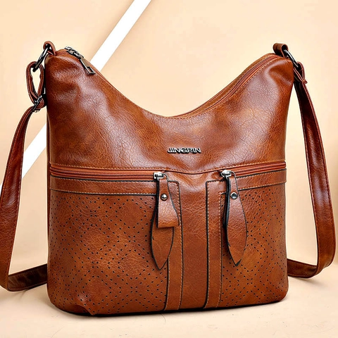 Retro Dames PU Leren Schoudertas Grote Capaciteit Crossbody Tas Met Opengewerkt Ontwerp Dubbele Ritsen Aan De Voorkant