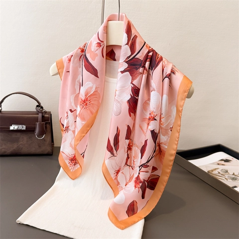 Foulard Carré Imprimé Faux Satin Motif Floral Bandana Châle Élégant Pour Femmes Bandeau Cou Cheveux Léger Artistique