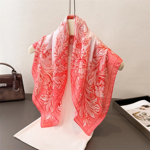 Baroque Floral Print Satin Scarf For Women Vintage Elegant Square Bandana Shawl Fashion Neck Kerchief Accessory