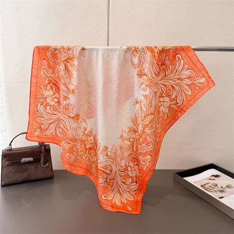 Baroque Floral Print Satin Scarf For Women Vintage Elegant Square Bandana Shawl Fashion Neck Kerchief Accessory