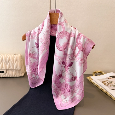 Elegante Foulard Quadrato In Imitazione Raso Stampa Catena Floreale Bandana Versatile Cravatta Da Collo Sciarpa Donna