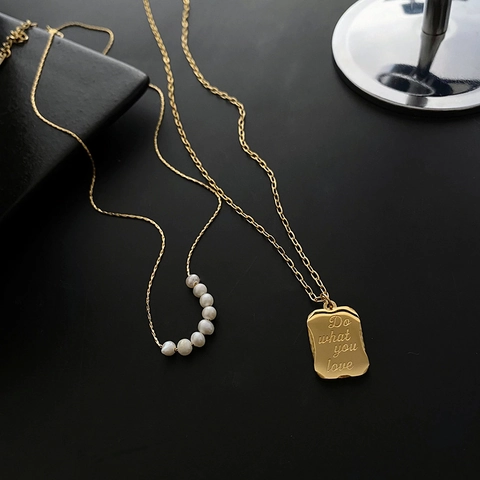 Titanium Steel Double Layer Necklace Natural Freshwater Pearl Rectangle Pendant Engraved Elegant Minimalist Jewelry For Women
