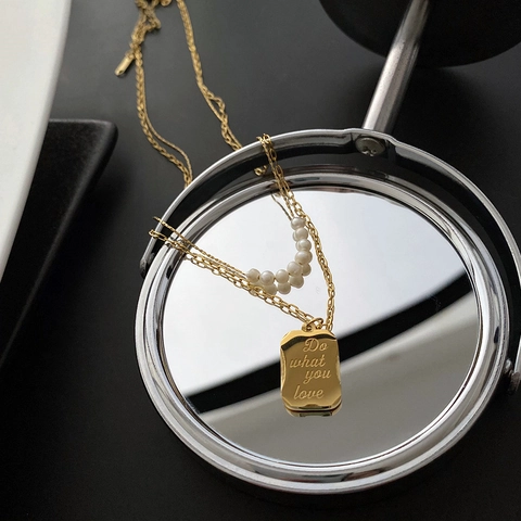 Titanium Steel Double Layer Necklace Natural Freshwater Pearl Rectangle Pendant Engraved Elegant Minimalist Jewelry For Women