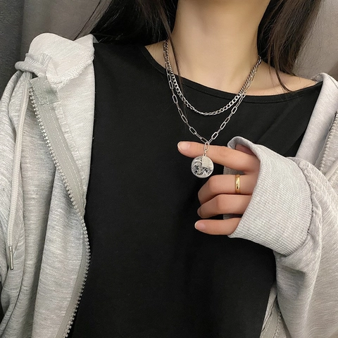 Double Layer Necklace Titanium Steel Round Face Coin Pendant Cuban Paperclip Chain Retro Hip Hop Style For Women Men