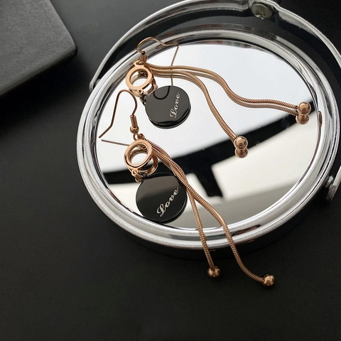 Long Tassel Dangle Earrings Titanium Steel Rose Gold Black Round Pendant Love Letter Elegant Snake Bone Chain For Women