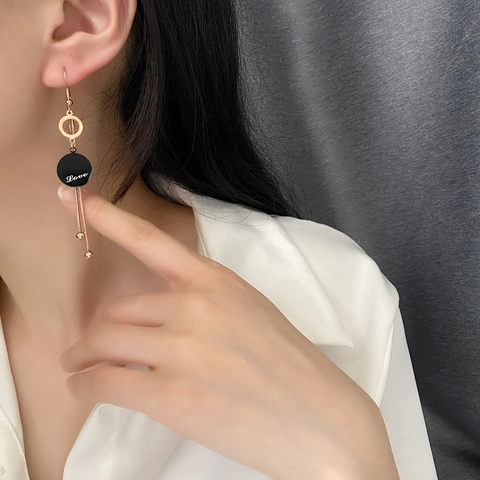 Long Tassel Dangle Earrings Titanium Steel Rose Gold Black Round Pendant Love Letter Elegant Snake Bone Chain For Women