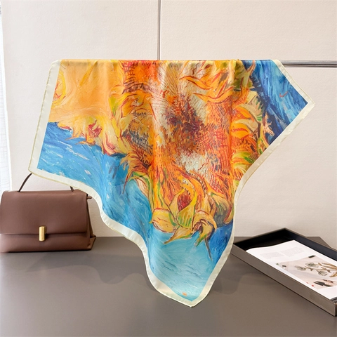 Oil Painting Print Square Scarf Simulated Satin Polyester Sunflowers Artistic Hair Bandana Shawl Fashion Women Accessory