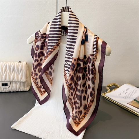 Leopard Print Square Scarf Satin Like Polyester Neck Head Scarf Wild Animal Patchwork Women Versatile Elegant Shawl