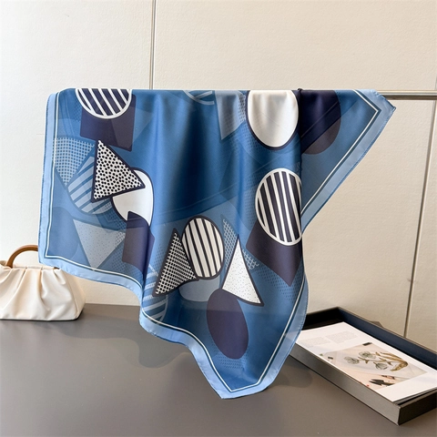 Women Geometric Print Square Scarf Soft Polyester Simulated Satin Satin Bandana Neck Head Wrap Versatile Elegant Accessory