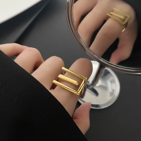 Geometric Rectangular Ring Titanium Steel 18K Gold Plated Minimalist Modern Industrial Style Fashion Jewelry For Women