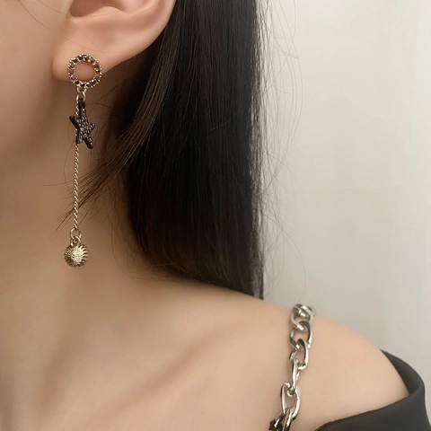 Pendientes Largos Colgantes Borlas Mujer Strass Negro Estrella Pentagrama Circonita Poste Plata Ley 925 Sterling Silver