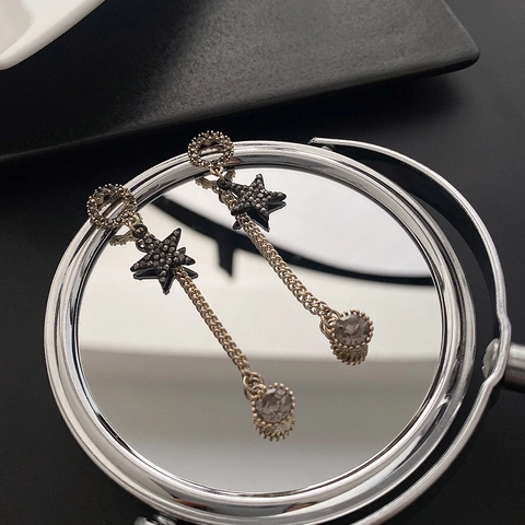 Pendientes Largos Colgantes Borlas Mujer Strass Negro Estrella Pentagrama Circonita Poste Plata Ley 925 Sterling Silver
