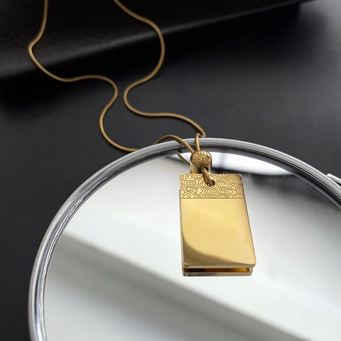 Titanium Steel Pendant Necklace Gold Plated Rectangular Plate Auspicious Cloud Lucky Fu Bead Snake Bone Chain Minimalism