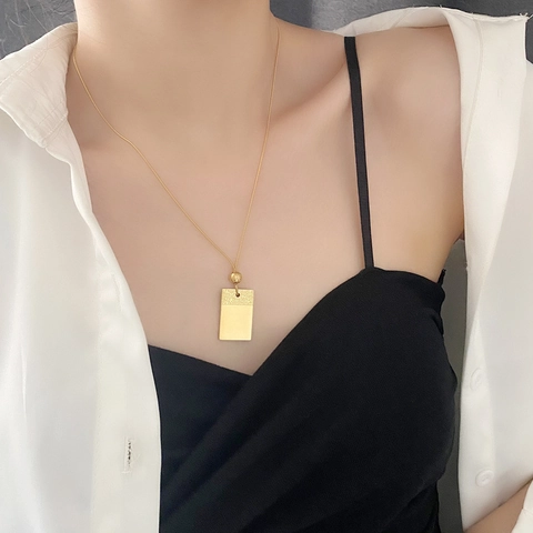 Titanium Steel Pendant Necklace Gold Plated Rectangular Plate Auspicious Cloud Lucky Fu Bead Snake Bone Chain Minimalism