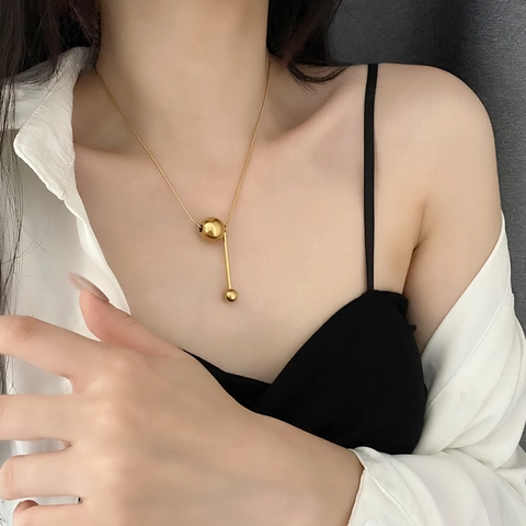 Modern Titanium Steel Snake Chain Necklace With Geometric Round Bead And Metal Bar Pendant Gold Silver Women Fashion Jewelry