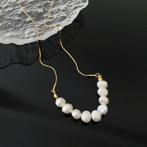 Artificial Pearl Necklace Titanium Steel Real Gold Plated Minimalist Geometric Natural Shell Artificial Pearl Clavicle Chain For Women