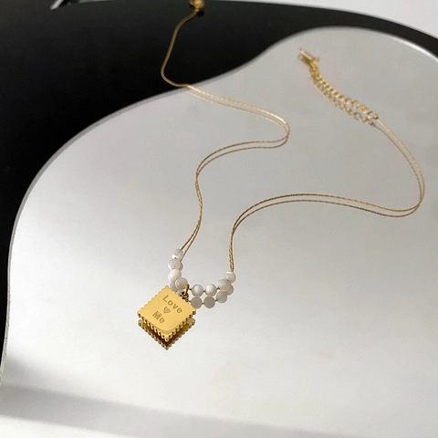 Love Me Letter Engraved Square Plaque Necklace Titanium Steel Minimalist Shell Artificial Pearl Beads Clavicle Chain For Women