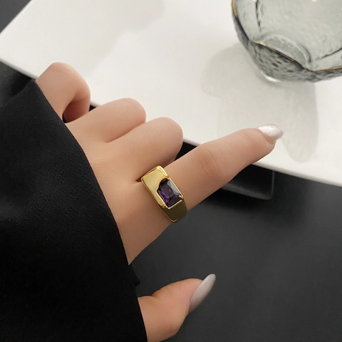 Vintage Minimalist Stainless Steel Wide Band Adjustable Open Ring With Rectangle Cubic Zirconia Geometric Jewelry For Women