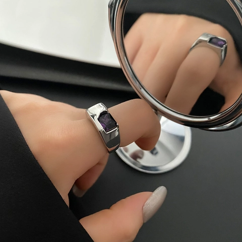 Vintage Minimalist Stainless Steel Wide Band Adjustable Open Ring With Rectangle Cubic Zirconia Geometric Jewelry For Women