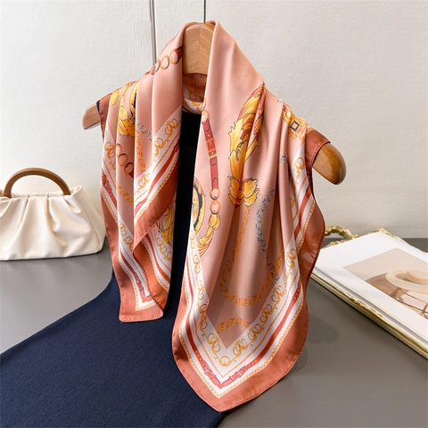 Baroque Chain Print Satin Square Scarf For Women Vintage Horse Bit Pattern Elegant Head Scarf Neck Neckerchief Hair Wrap Accessory