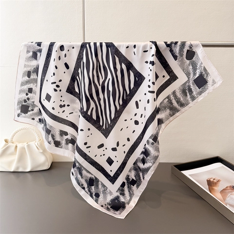 Zebra Print Square Scarf Polyester Imitation Satin Geometric Polka Dot Bandana Headscarf Women Elegant Versatile Neck Scarf