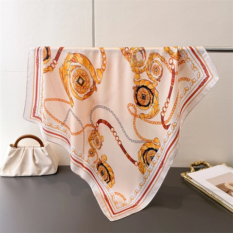 Baroque Chain Print Satin Square Scarf For Women Vintage Horse Bit Pattern Elegant Head Scarf Neck Neckerchief Hair Wrap Accessory