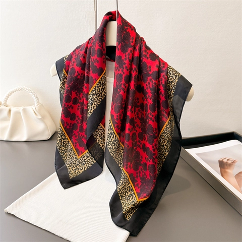 Elegante Foulard Quadrato Imitazione Raso Raso Stampa Floreale Leopardo Per Collo Testa Donna Accessorio Moda Retrò