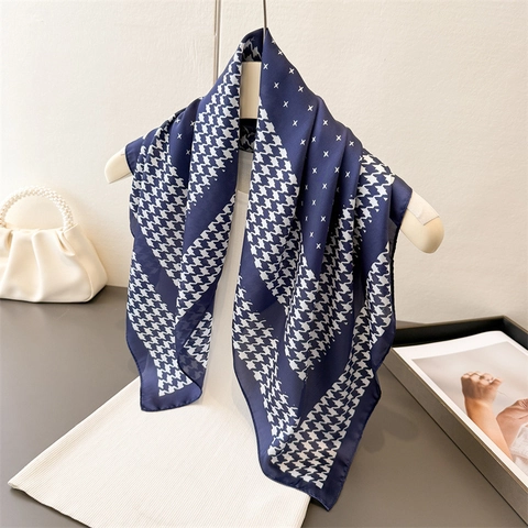 Fular Quadrato Elegante Da Donna Con Stampa Pied De Poule Raso Raso Bandana Versatile Sciarpa Da Testa Retrò